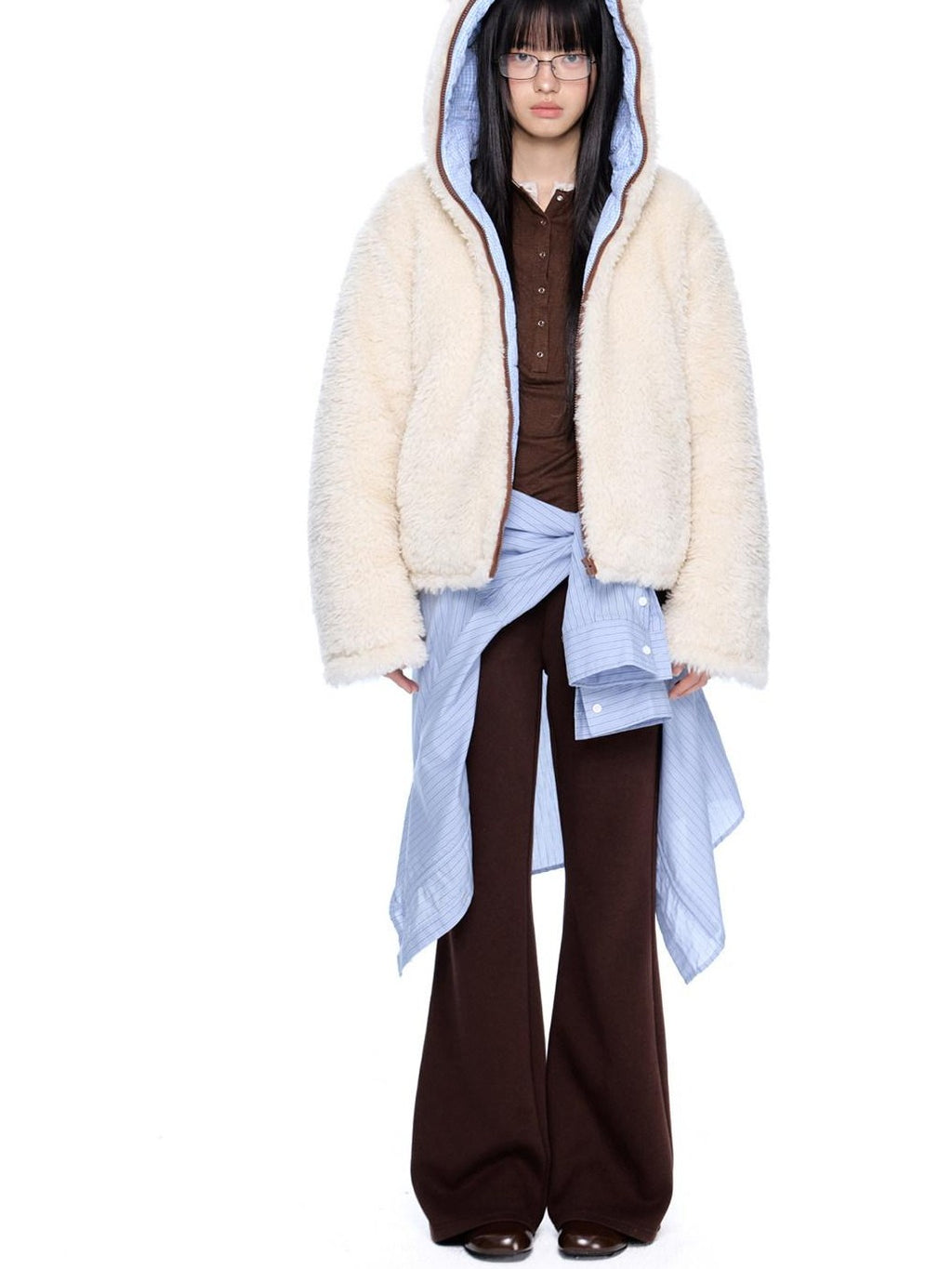 EZEK Striped Panel Faux Shearling Detachable Hood Women's Cotton Puffer Jackets