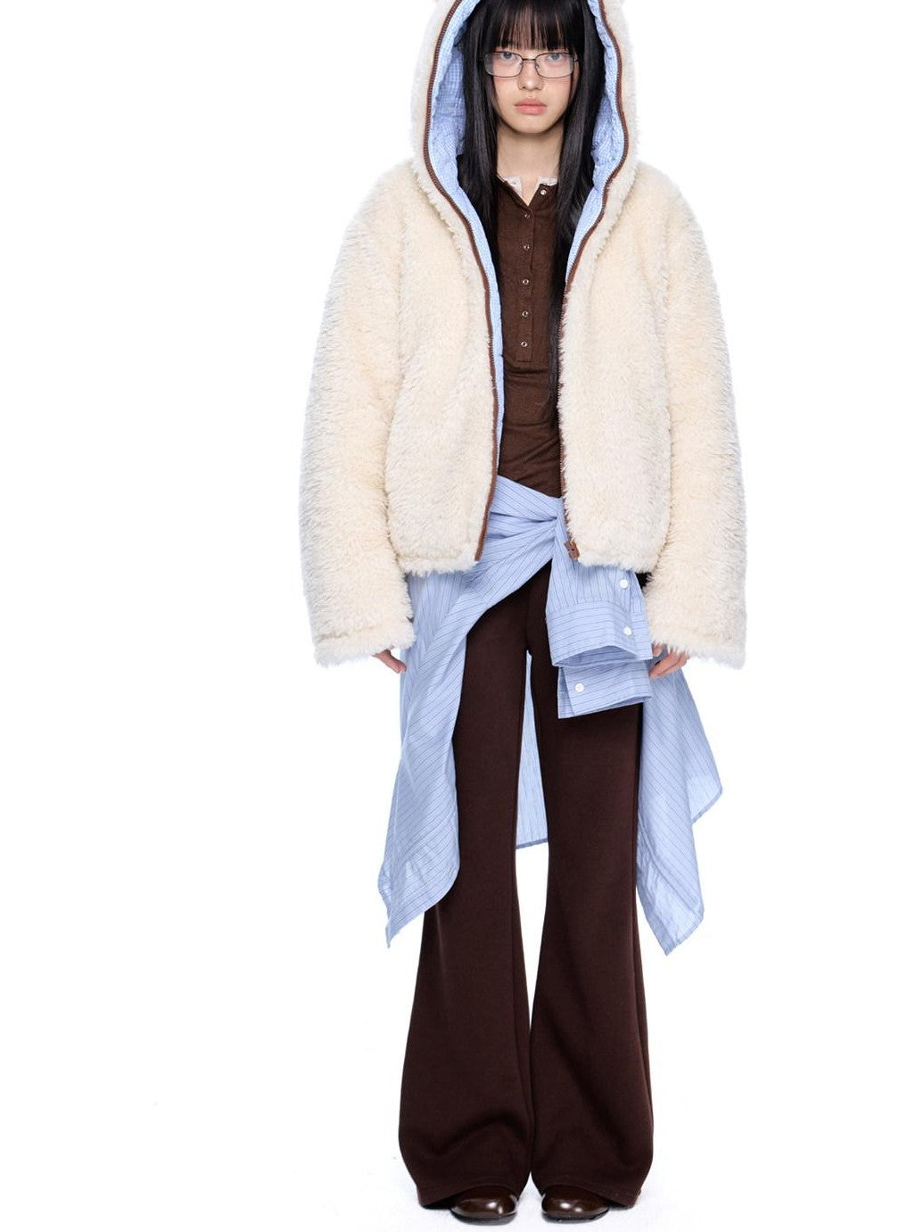 EZEK Striped Panel Faux Shearling Detachable Hood Women's Cotton Puffer Jackets