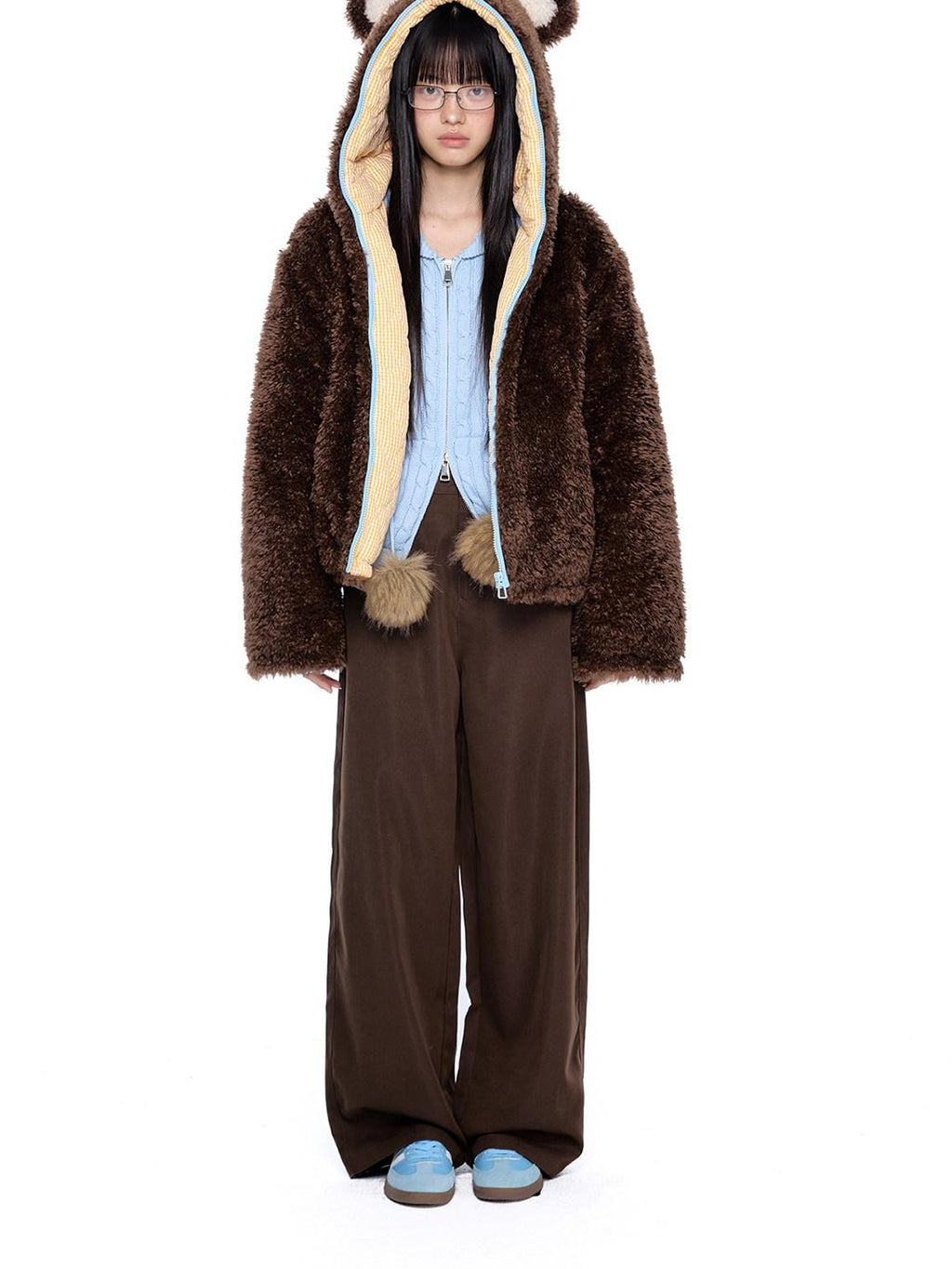 EZEK Striped Panel Faux Shearling Detachable Hood Women's Cotton Puffer Jackets