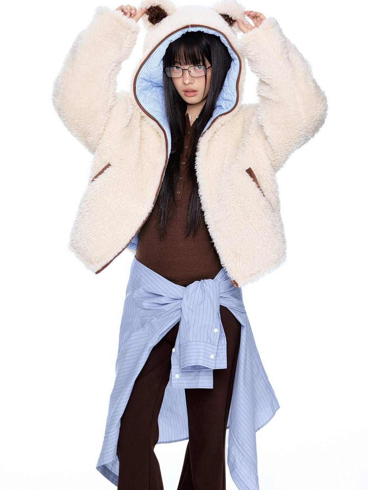 EZEK Striped Panel Faux Shearling Detachable Hood Women's Cotton Puffer Jackets