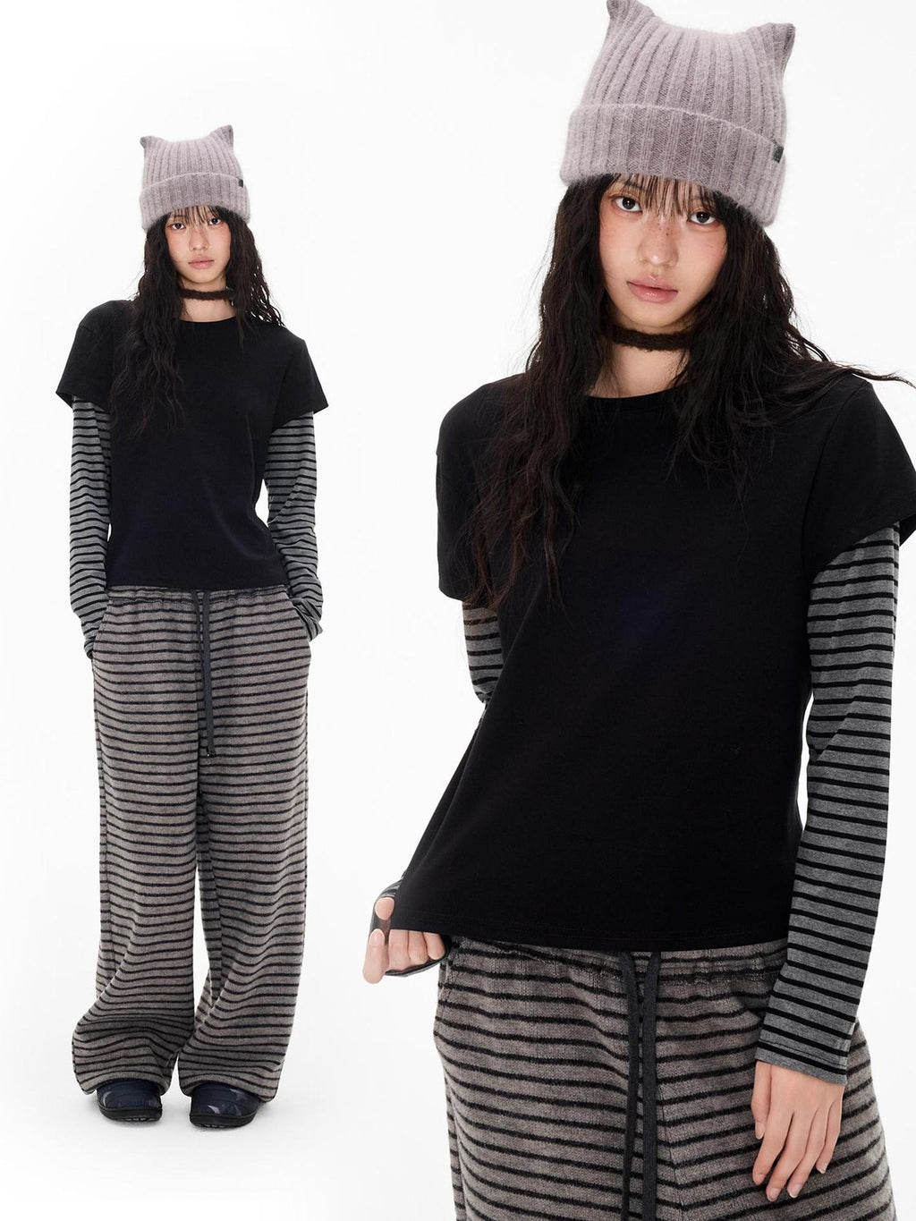 EZEK Striped Patchwork Faux Layer Women's Cotton Long Sleeve T-shirts