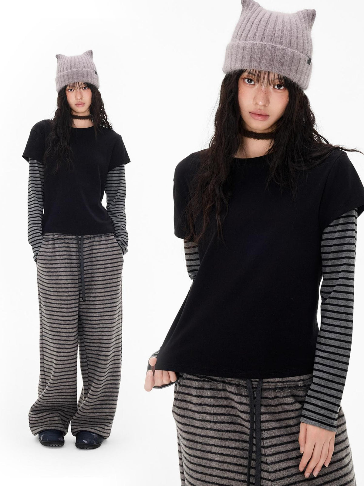 EZEK Striped Patchwork Faux Layer Women's Cotton Long Sleeve T-shirts