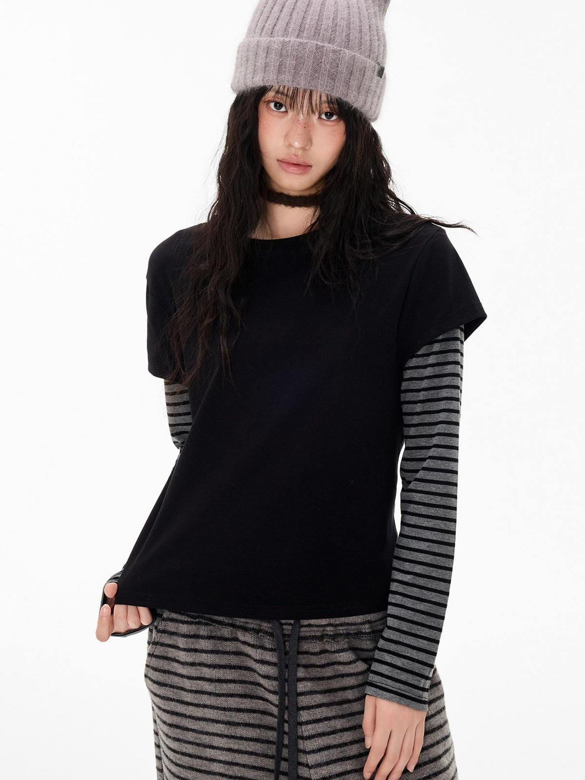 EZEK Striped Patchwork Faux Layer Women's Cotton Long Sleeve T-shirts