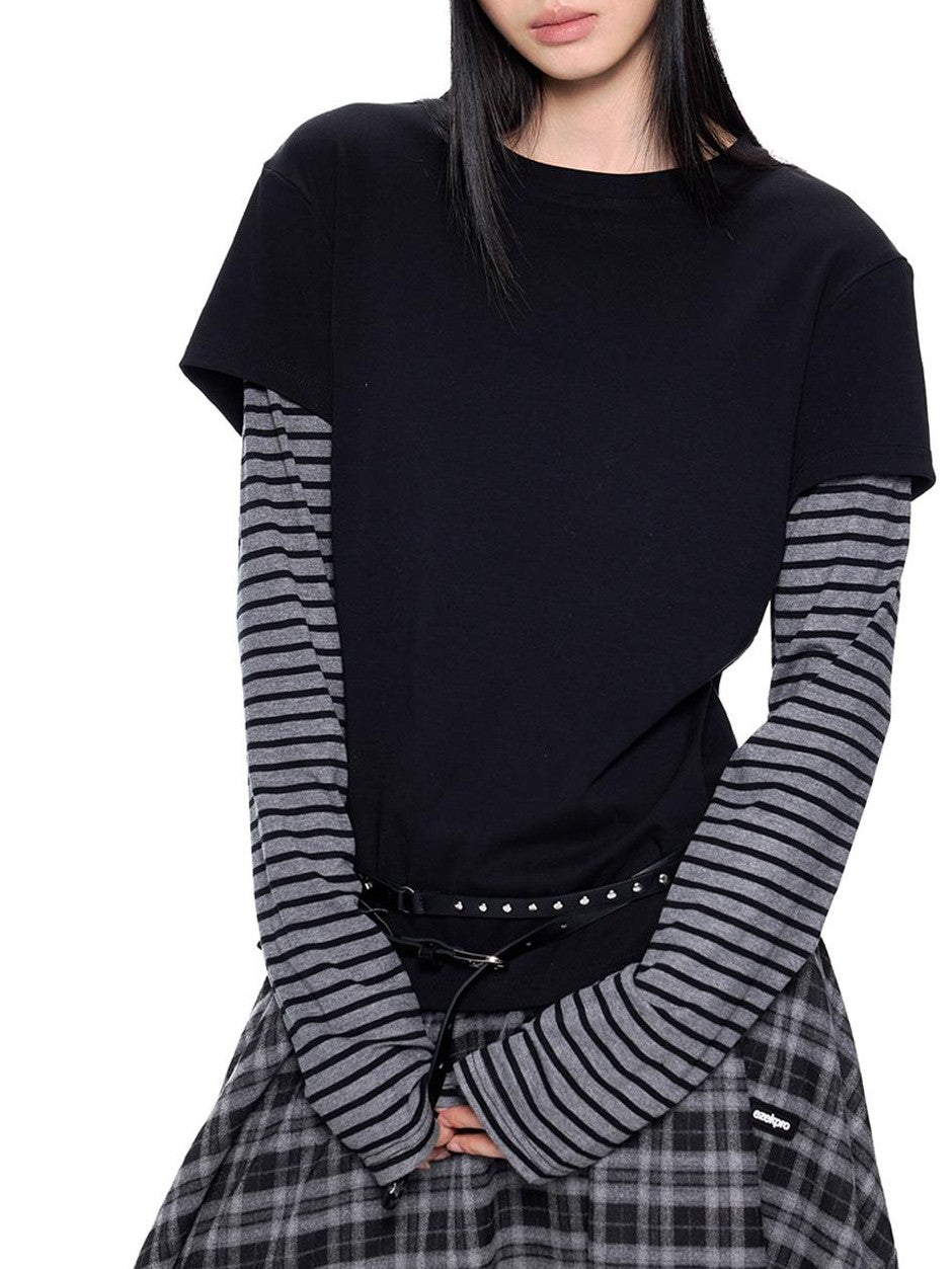 EZEK Striped Patchwork Faux Layer Women's Cotton Long Sleeve T-shirts
