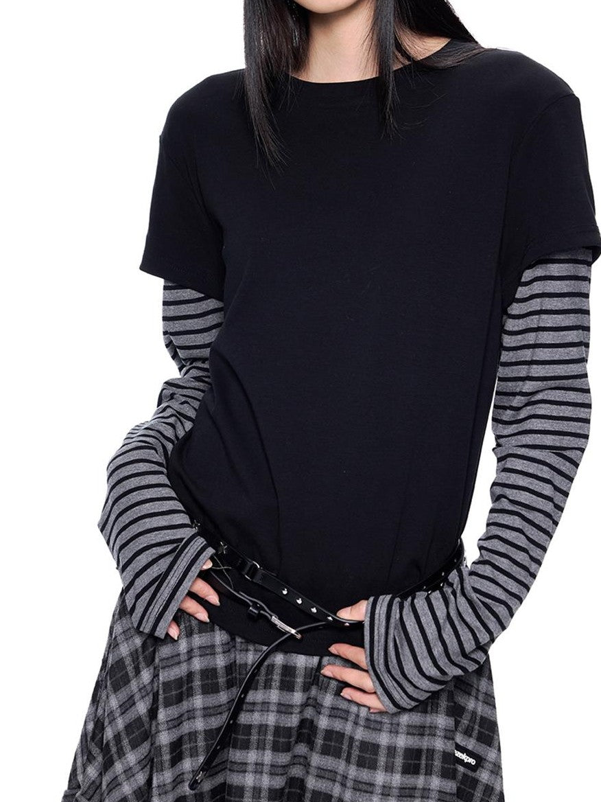 EZEK Striped Patchwork Faux Layer Women's Cotton Long Sleeve T-shirts