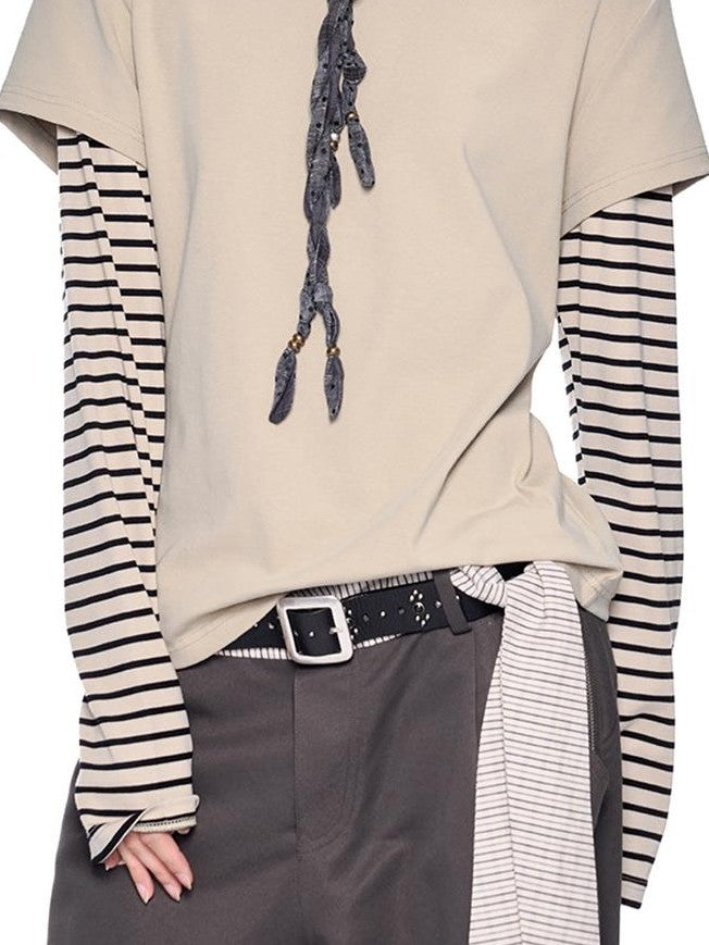 EZEK Striped Patchwork Faux Layer Women's Cotton Long Sleeve T-shirts
