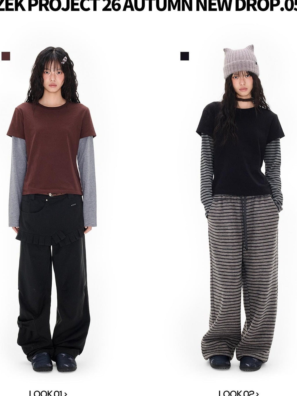 EZEK Striped Patchwork Faux Layer Women's Cotton Long Sleeve T-shirts