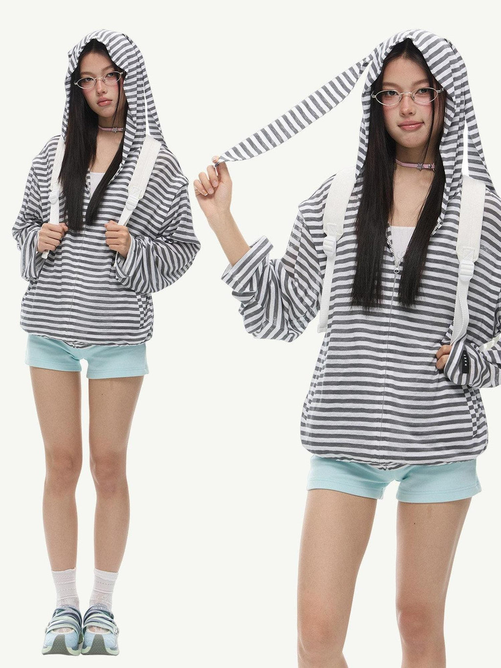 EZEK Striped Rabbit Ear Hood Removable Sleeves Women's Long Sleeve T-shirts