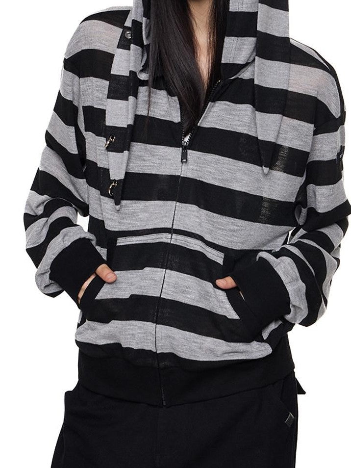 EZEK Striped Rabbit Ear Hood Removable Sleeves Women's Long Sleeve T-shirts