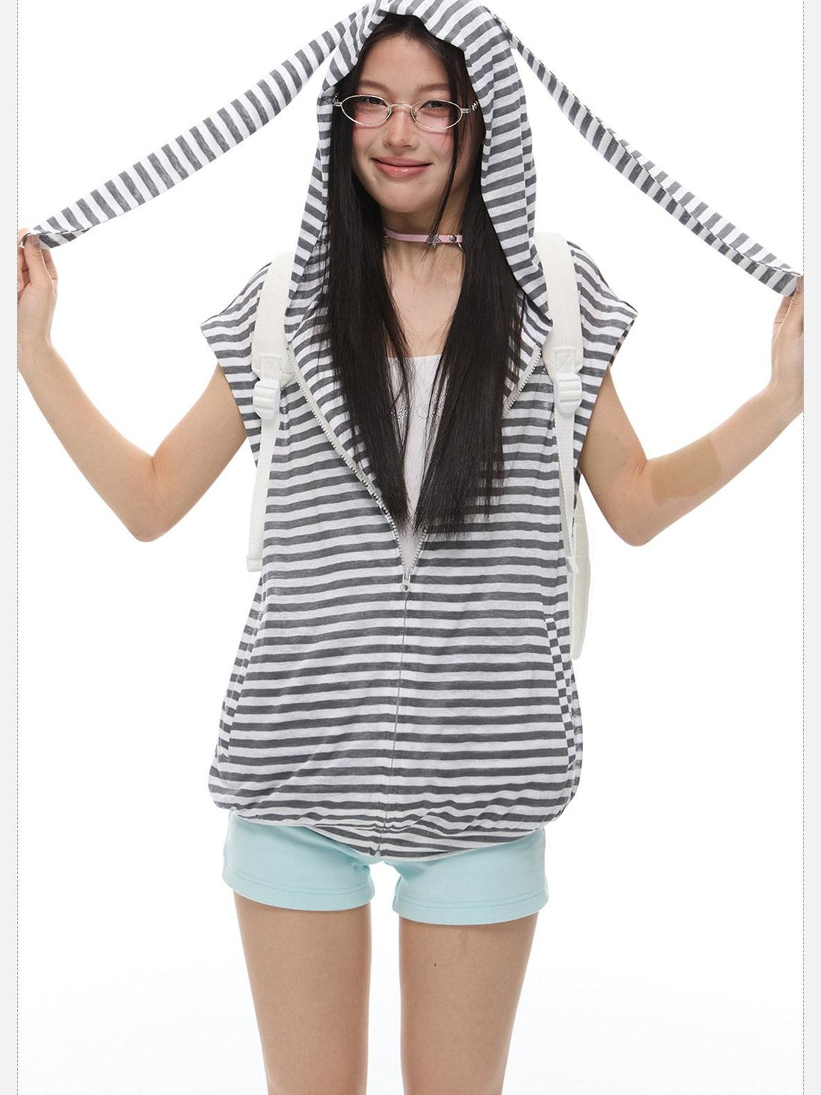 EZEK Striped Rabbit Ear Hood Removable Sleeves Women's Long Sleeve T-shirts