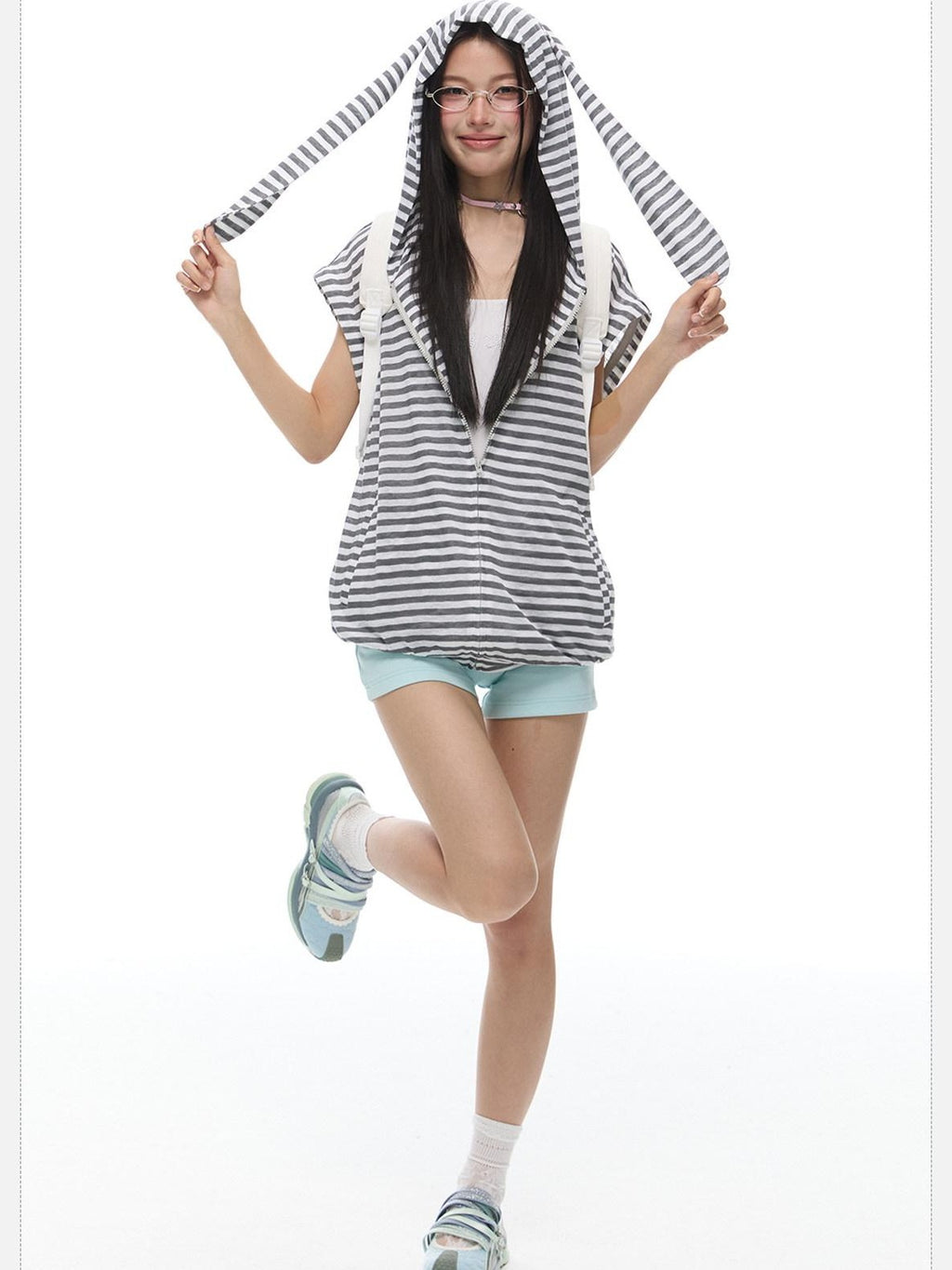 EZEK Striped Rabbit Ear Hood Removable Sleeves Women's Long Sleeve T-shirts