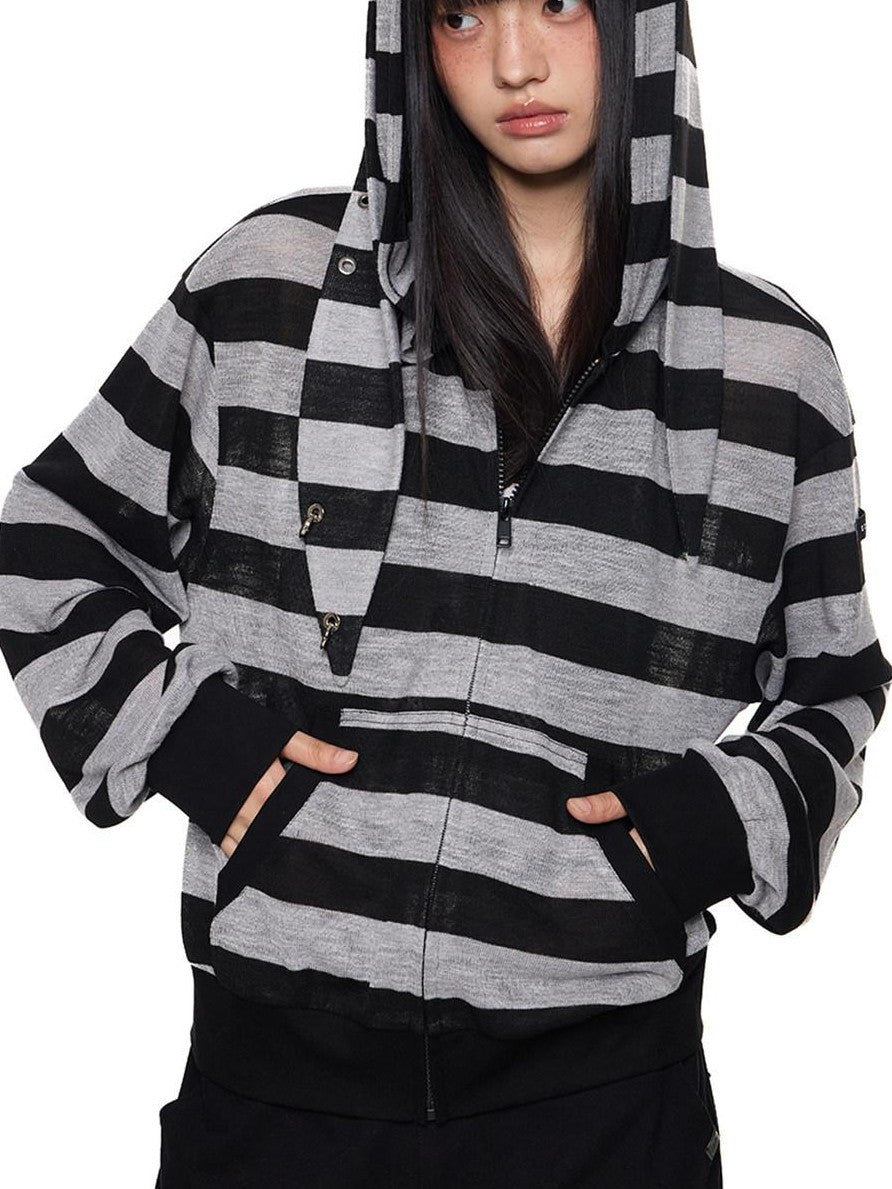 EZEK Striped Rabbit Ear Hood Removable Sleeves Women's Long Sleeve T-shirts