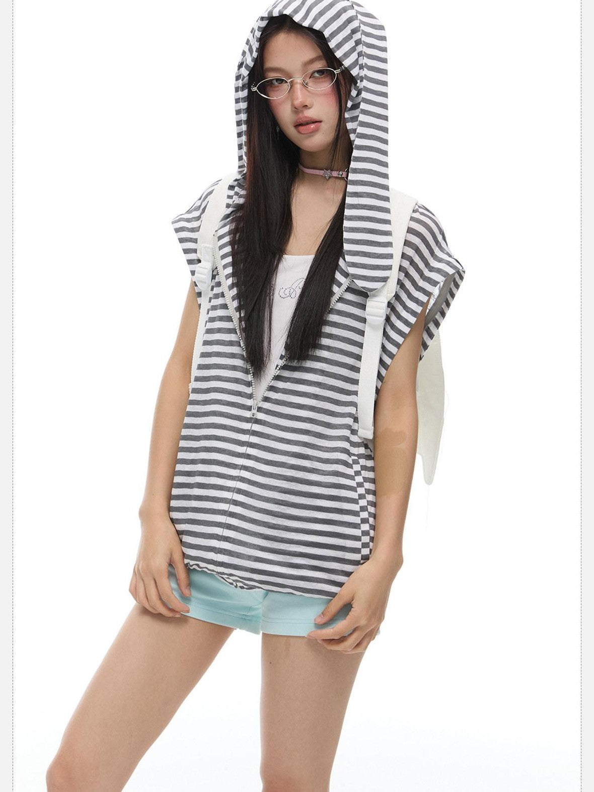 EZEK Striped Rabbit Ear Hood Removable Sleeves Women's Long Sleeve T-shirts