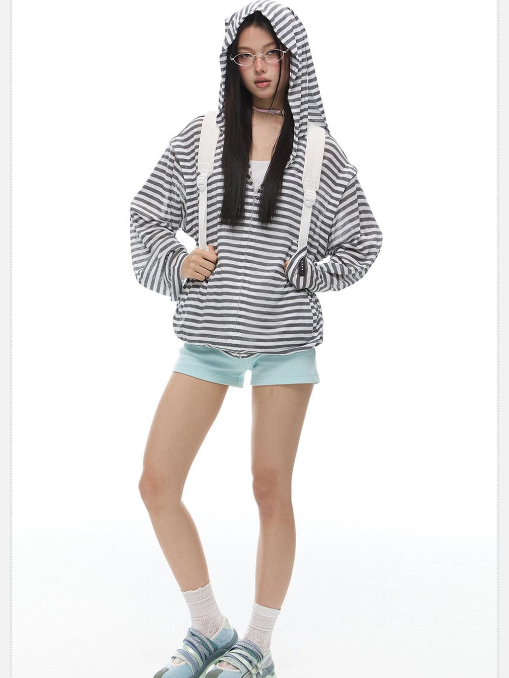 EZEK Striped Rabbit Ear Hood Removable Sleeves Women's Long Sleeve T-shirts