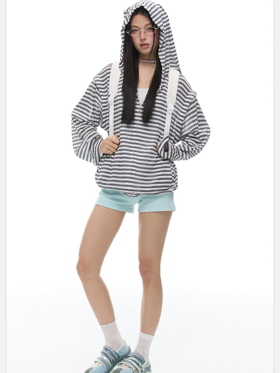 EZEK Striped Rabbit Ear Hood Removable Sleeves Women's Long Sleeve T-shirts