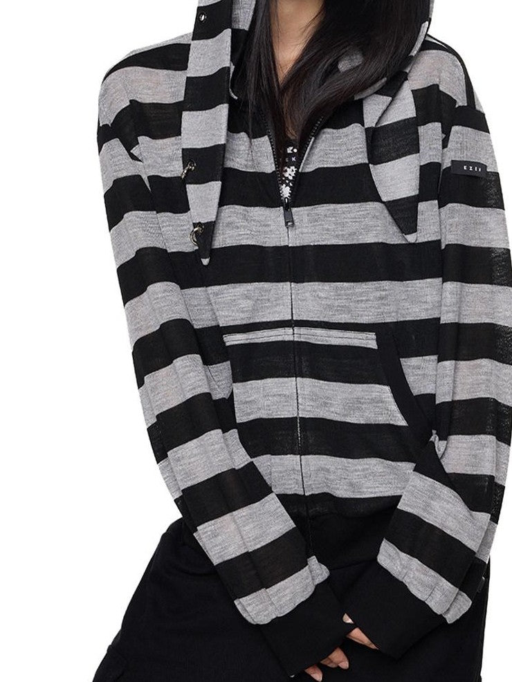 EZEK Striped Rabbit Ear Hood Removable Sleeves Women's Long Sleeve T-shirts