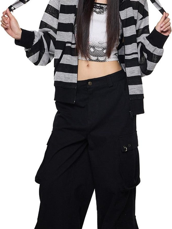 EZEK Striped Rabbit Ear Hood Removable Sleeves Women's Long Sleeve T-shirts