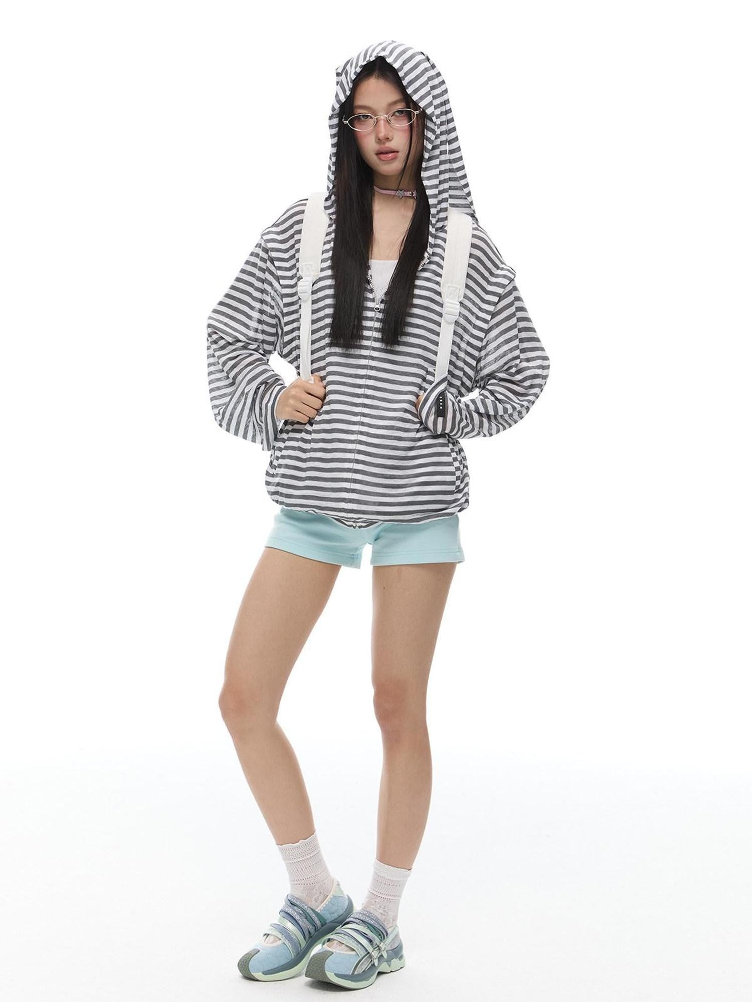 EZEK Striped Rabbit Ear Hood Removable Sleeves Women's Long Sleeve T-shirts