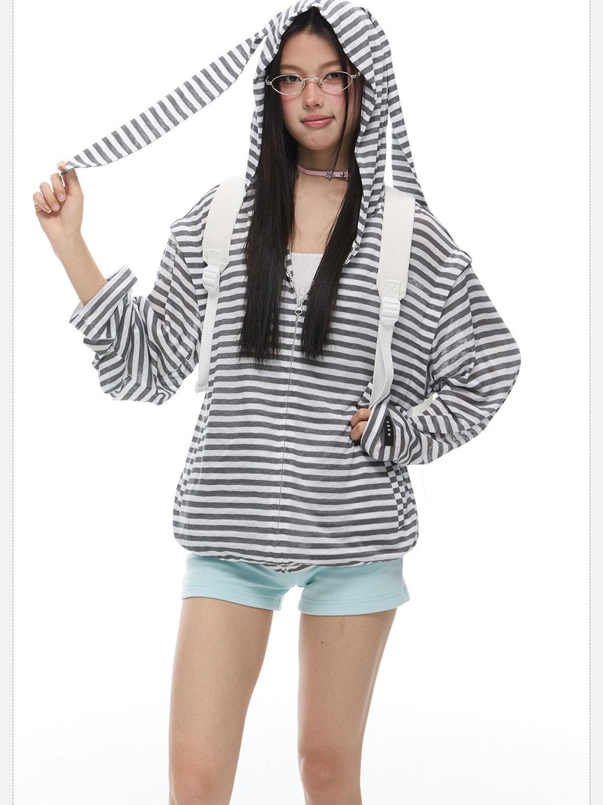 EZEK Striped Rabbit Ear Hood Removable Sleeves Women's Long Sleeve T-shirts