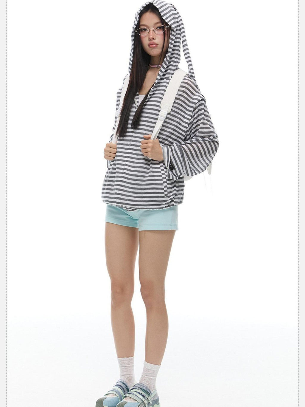 EZEK Striped Rabbit Ear Hood Removable Sleeves Women's Long Sleeve T-shirts
