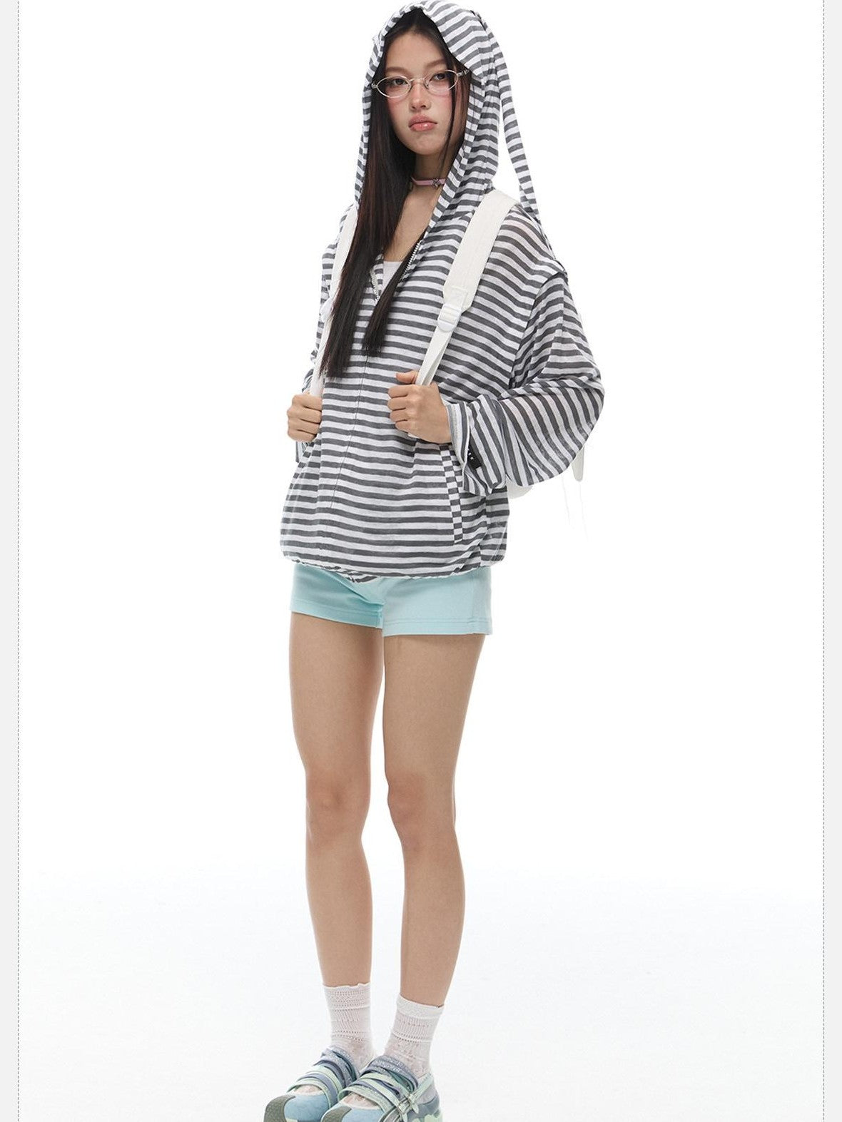 EZEK Striped Rabbit Ear Hood Removable Sleeves Women's Long Sleeve T-shirts