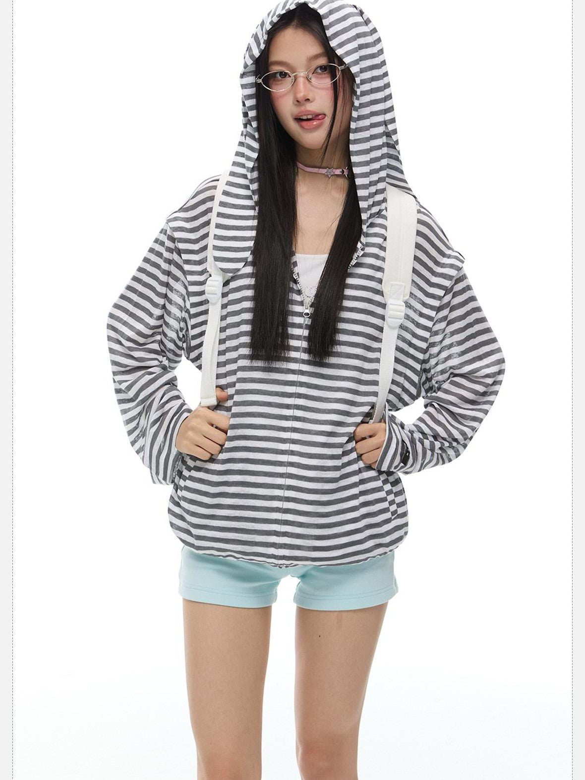 EZEK Striped Rabbit Ear Hood Removable Sleeves Women's Long Sleeve T-shirts