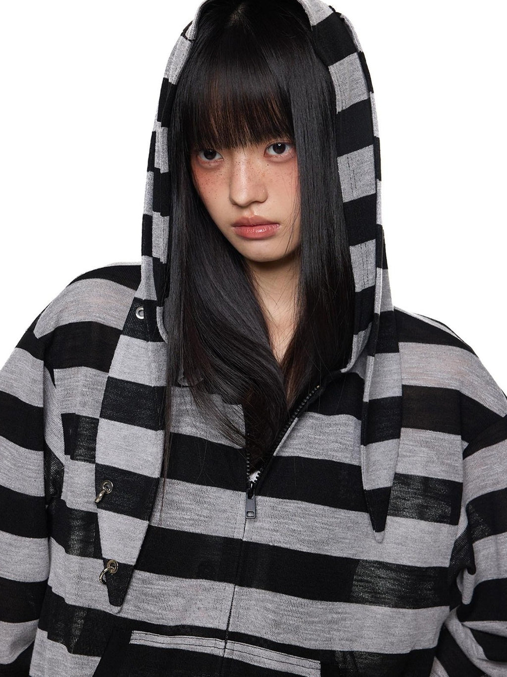 EZEK Striped Rabbit Ear Hood Removable Sleeves Women's Long Sleeve T-shirts