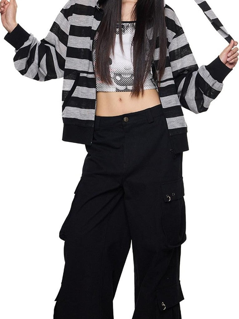 EZEK Striped Rabbit Ear Hood Removable Sleeves Women's Long Sleeve T-shirts