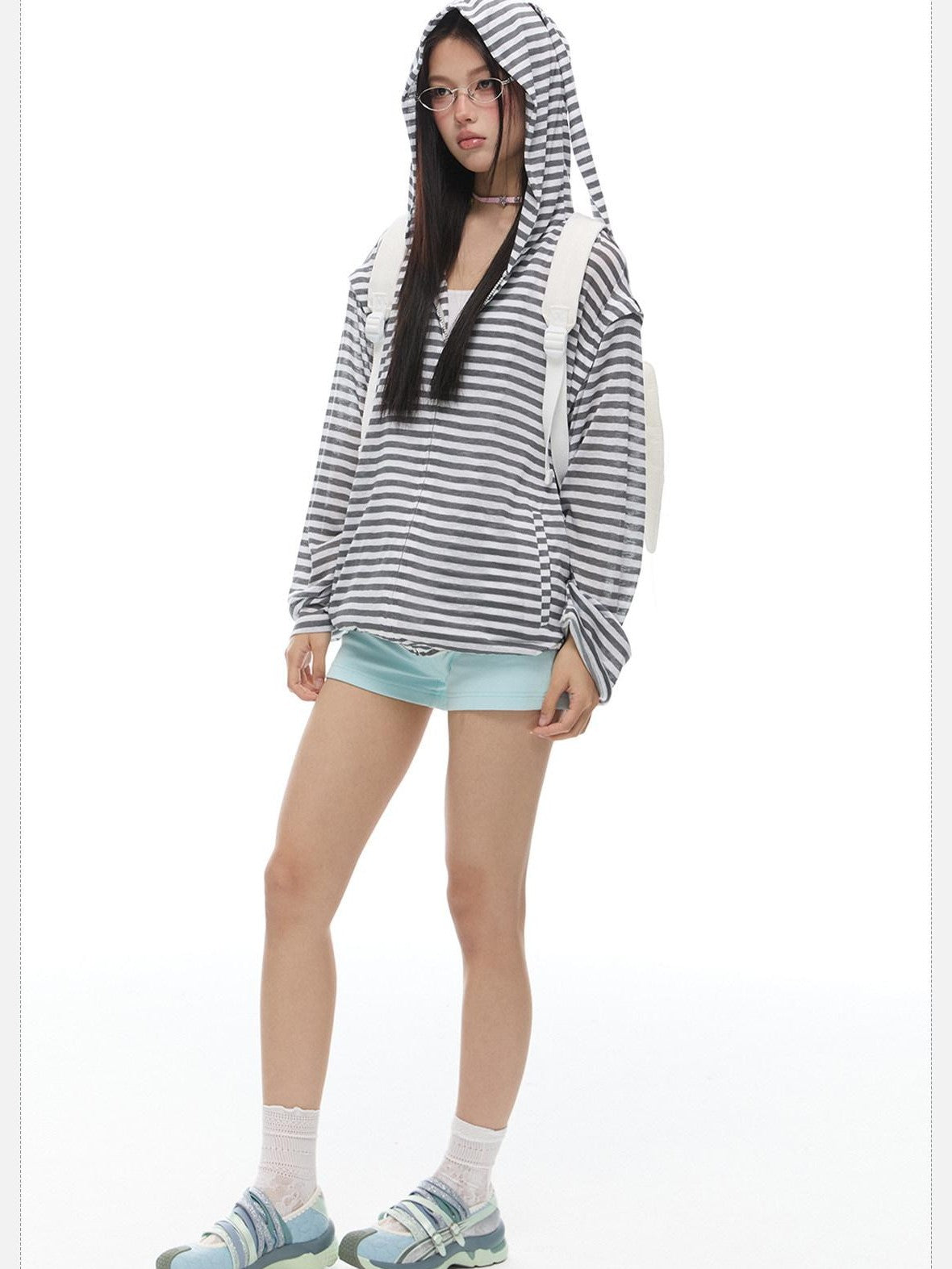 EZEK Striped Rabbit Ear Hood Removable Sleeves Women's Long Sleeve T-shirts