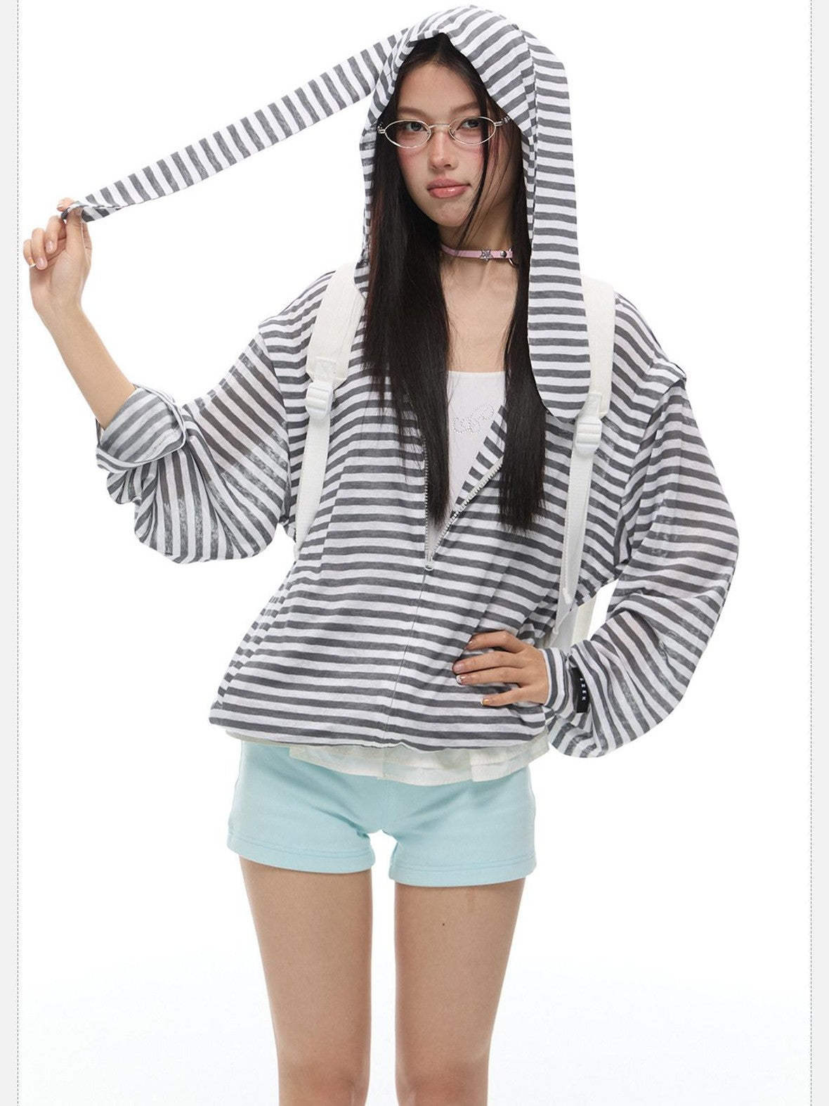 EZEK Striped Rabbit Ear Hood Removable Sleeves Women's Long Sleeve T-shirts