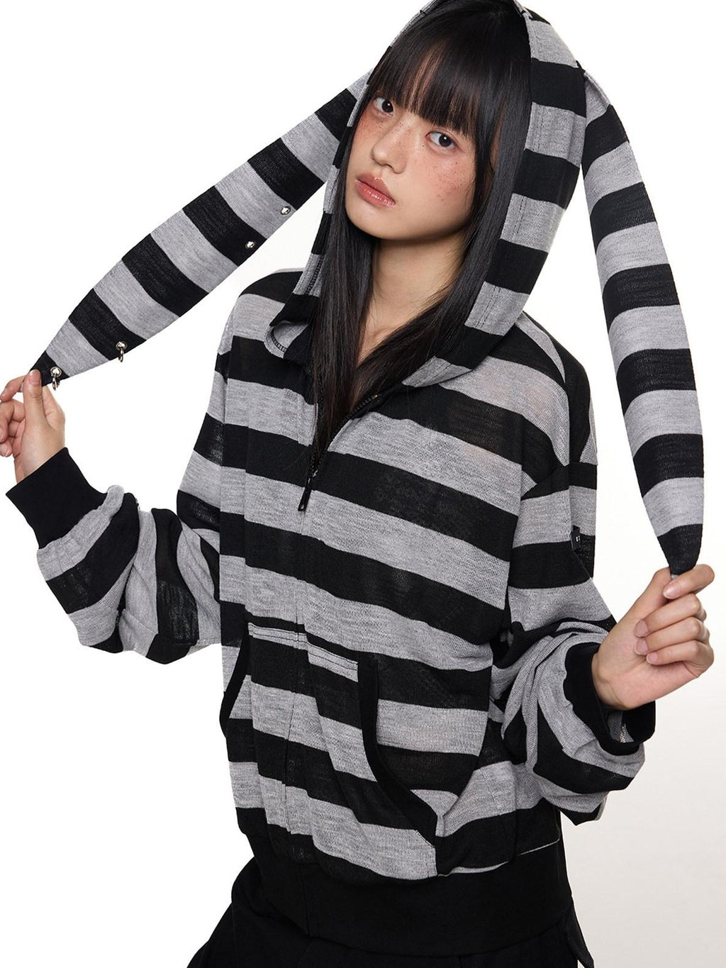 EZEK Striped Rabbit Ear Hood Removable Sleeves Women's Long Sleeve T-shirts