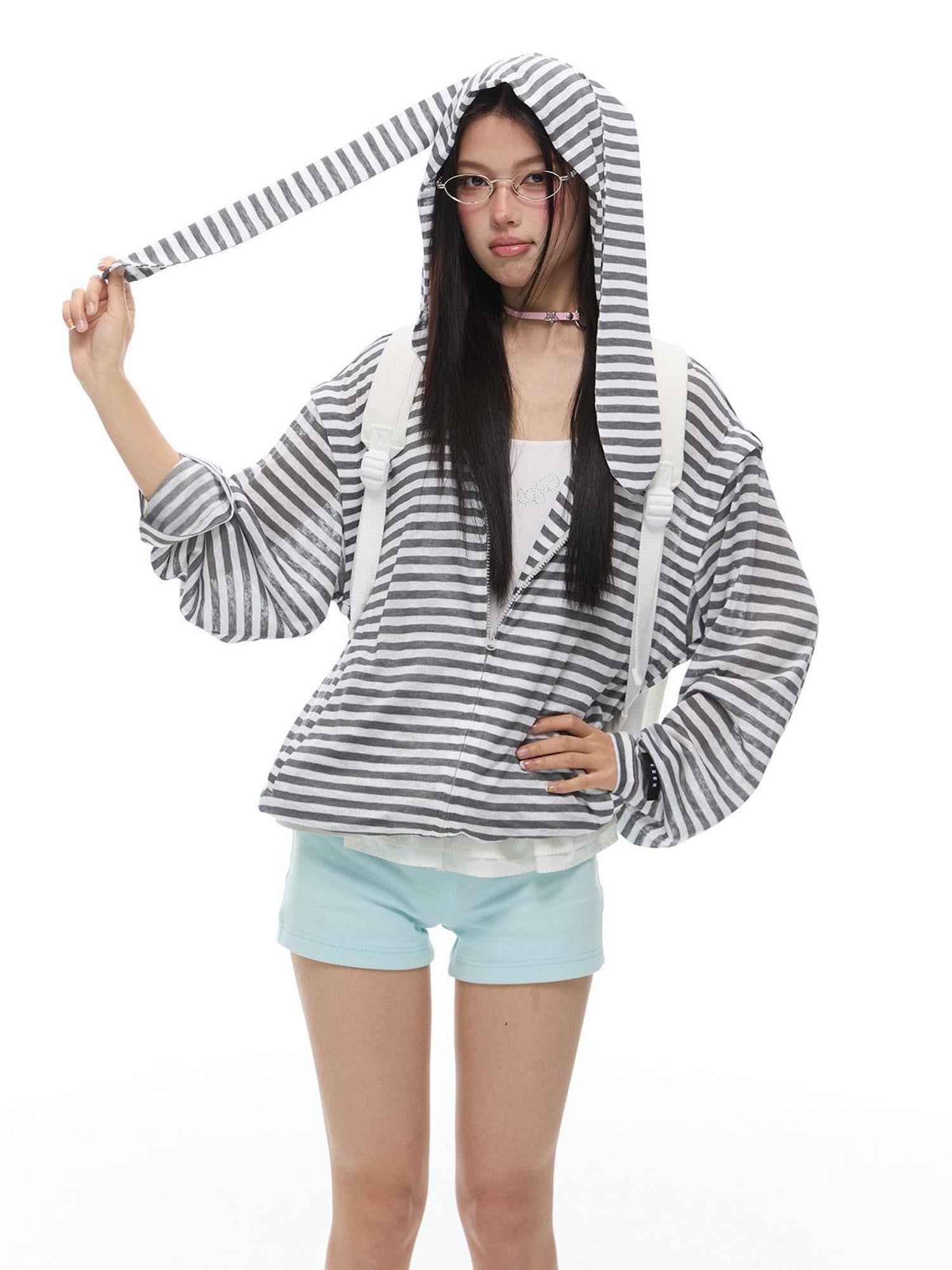 EZEK Striped Rabbit Ear Hood Removable Sleeves Women's Long Sleeve T-shirts