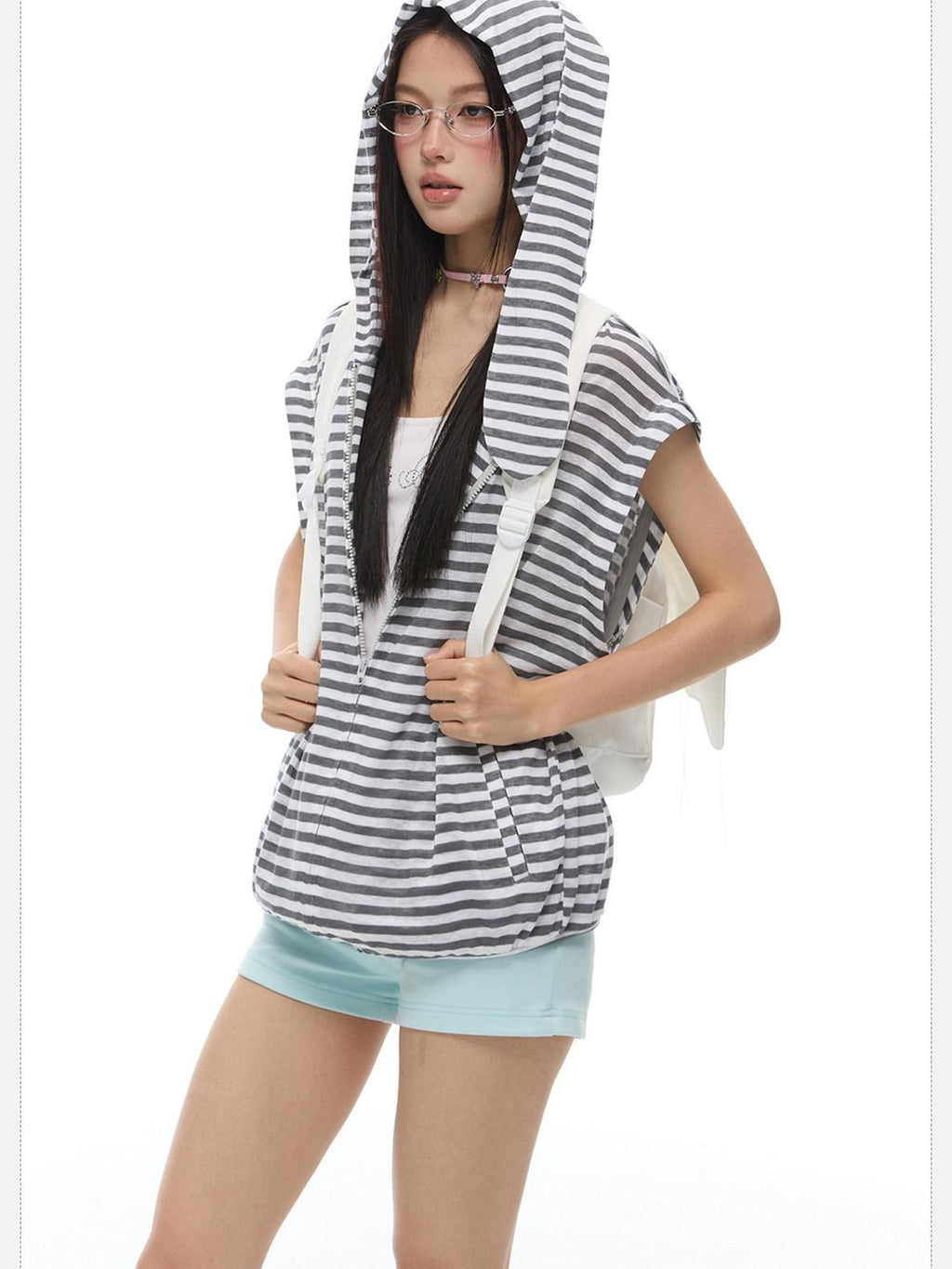 EZEK Striped Rabbit Ear Hood Removable Sleeves Women's Long Sleeve T-shirts