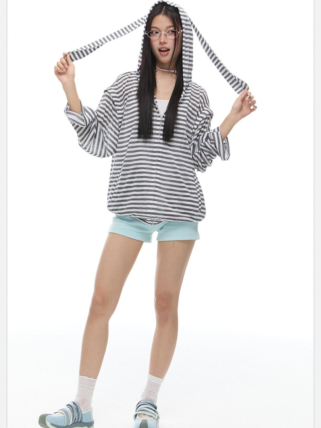 EZEK Striped Rabbit Ear Hood Removable Sleeves Women's Long Sleeve T-shirts