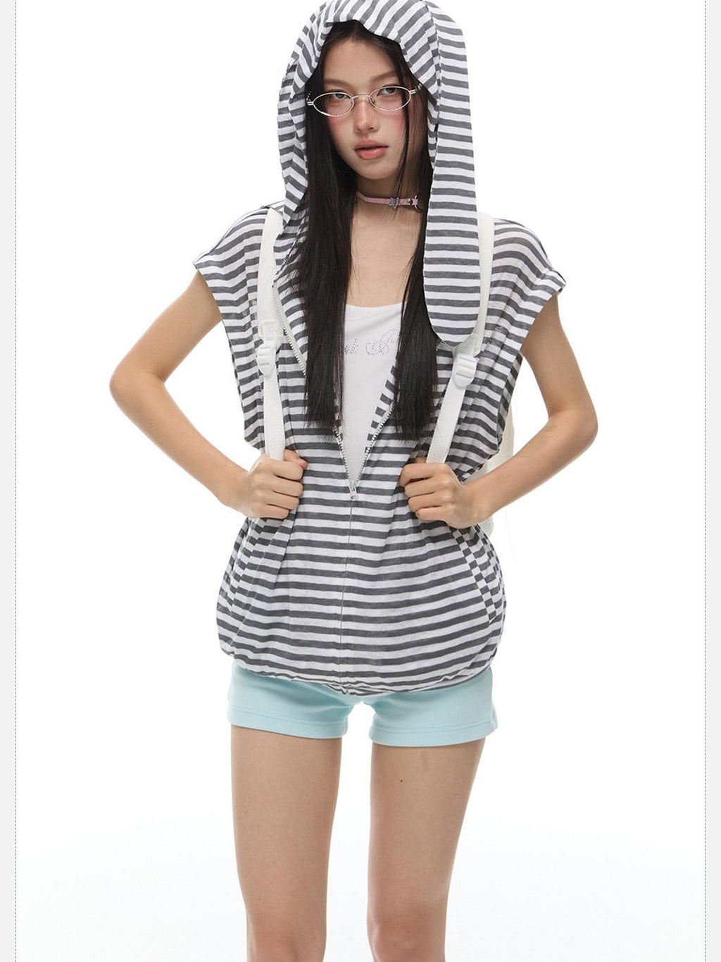 EZEK Striped Rabbit Ear Hood Removable Sleeves Women's Long Sleeve T-shirts