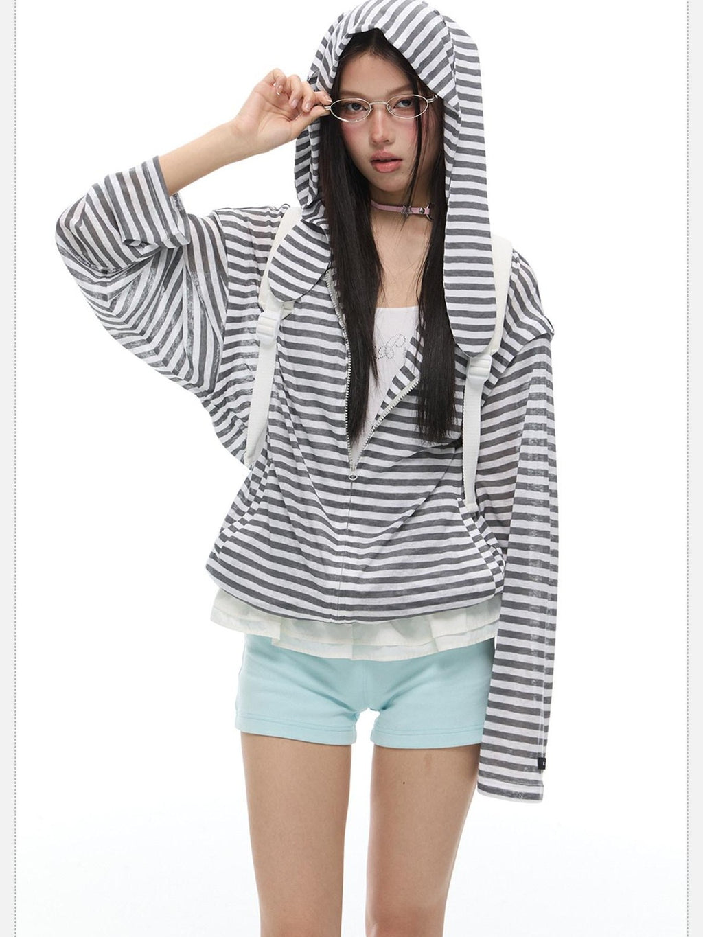EZEK Striped Rabbit Ear Hood Removable Sleeves Women's Long Sleeve T-shirts