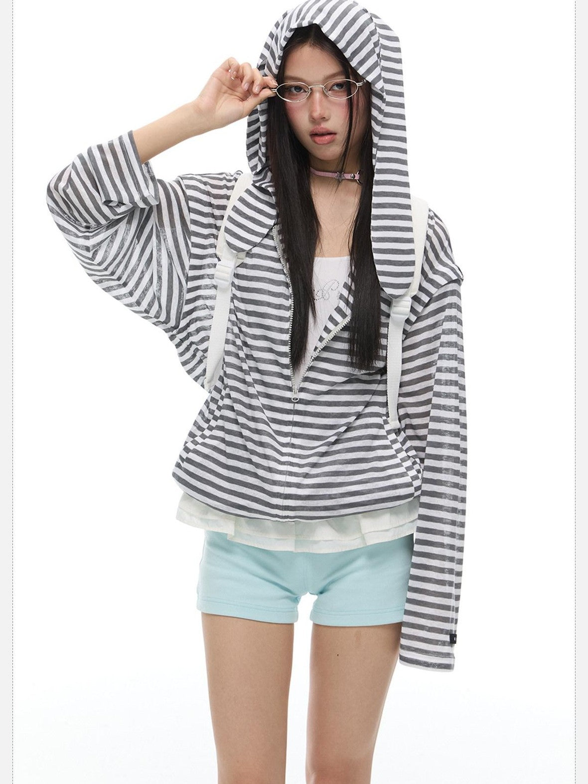 EZEK Striped Rabbit Ear Hood Removable Sleeves Women's Long Sleeve T-shirts