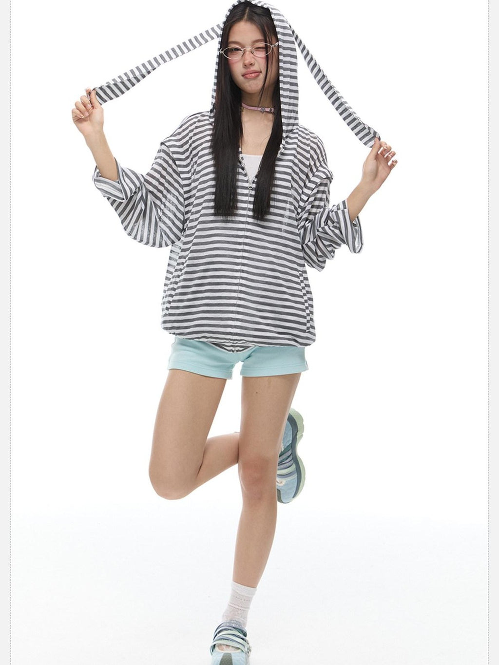 EZEK Striped Rabbit Ear Hood Removable Sleeves Women's Long Sleeve T-shirts