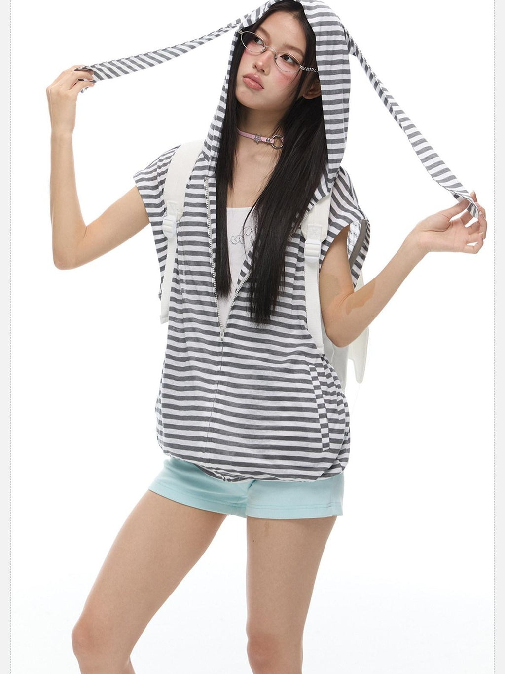 EZEK Striped Rabbit Ear Hood Removable Sleeves Women's Long Sleeve T-shirts