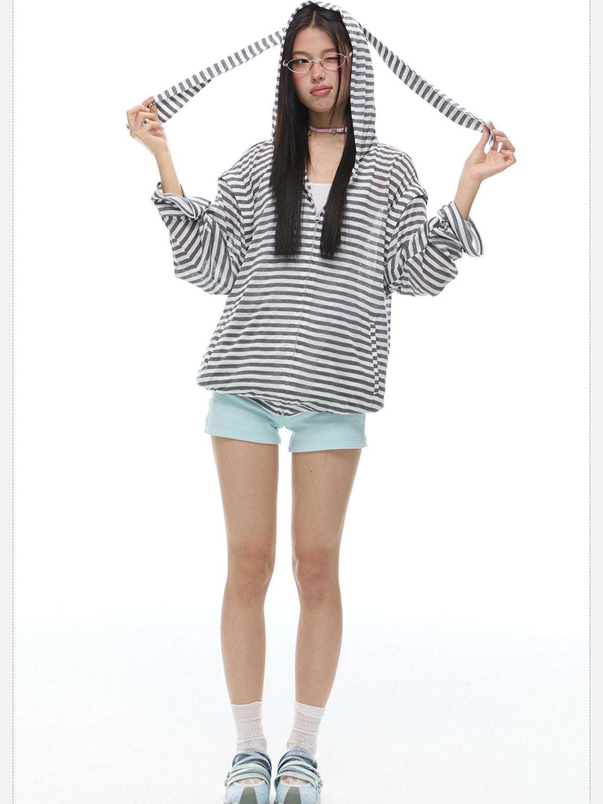 EZEK Striped Rabbit Ear Hood Removable Sleeves Women's Long Sleeve T-shirts