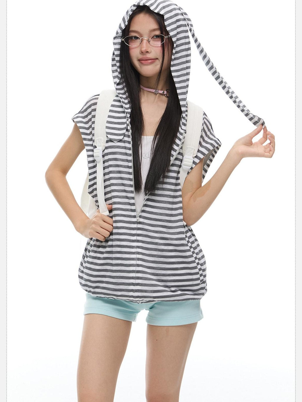 EZEK Striped Rabbit Ear Hood Removable Sleeves Women's Long Sleeve T-shirts