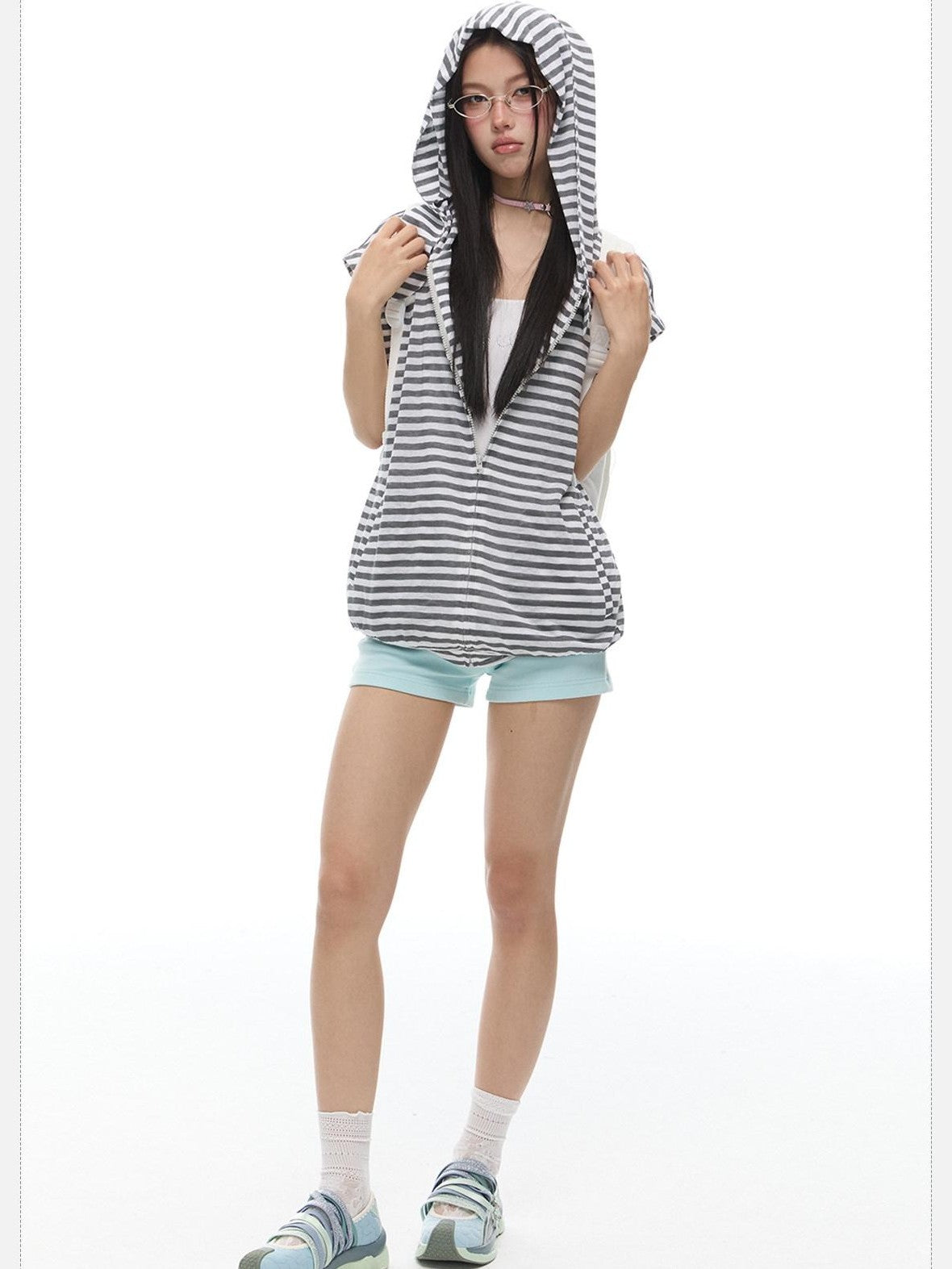 EZEK Striped Rabbit Ear Hood Removable Sleeves Women's Long Sleeve T-shirts