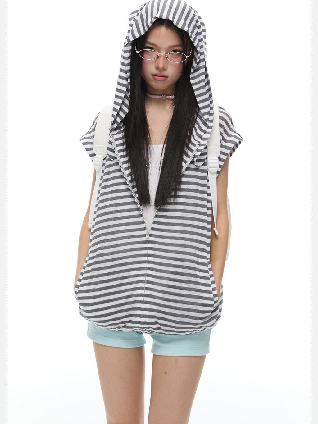 EZEK Striped Rabbit Ear Hood Removable Sleeves Women's Long Sleeve T-shirts