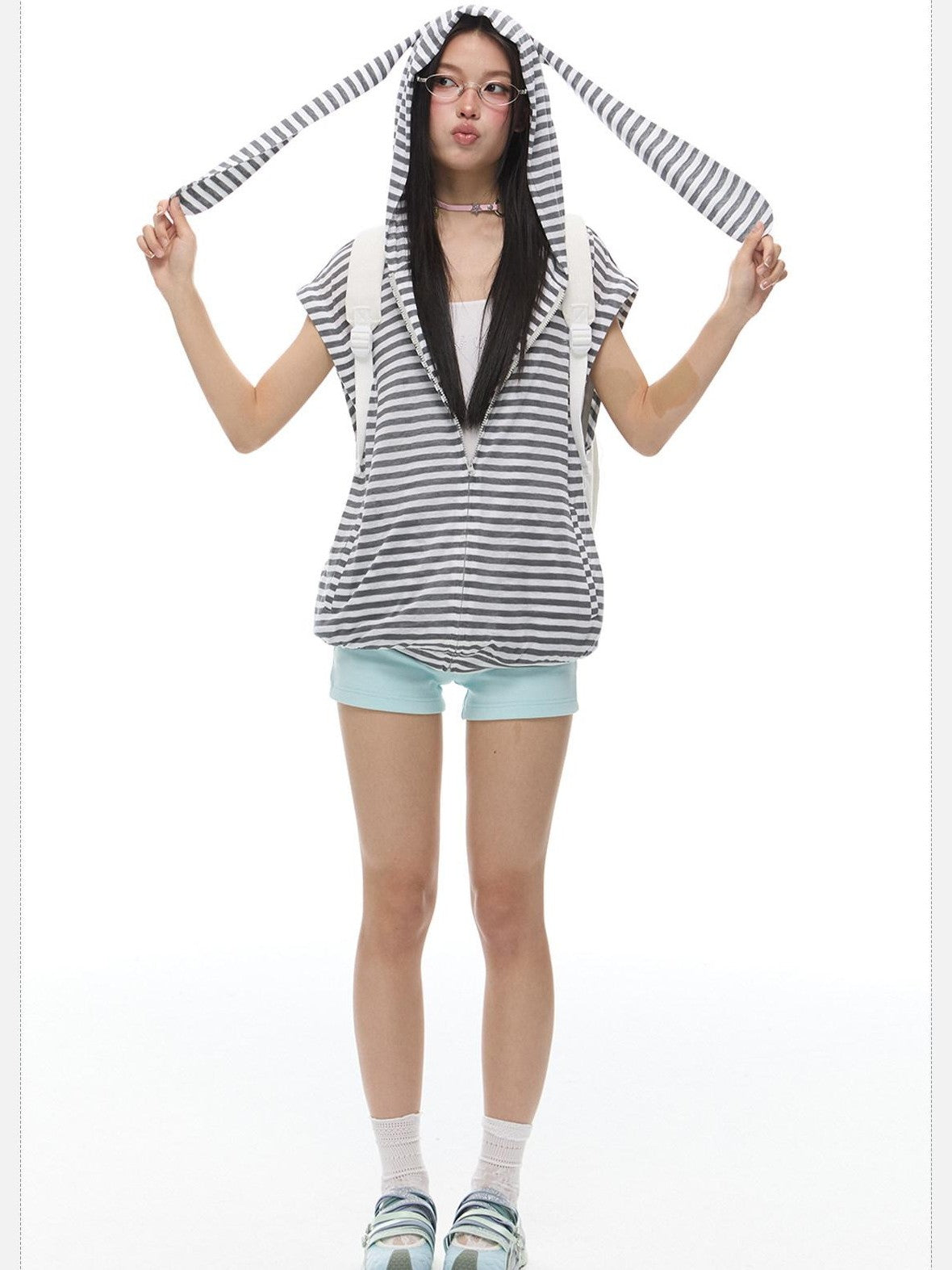 EZEK Striped Rabbit Ear Hood Removable Sleeves Women's Long Sleeve T-shirts