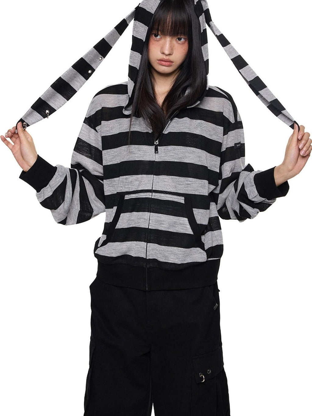 EZEK Striped Rabbit Ear Hood Removable Sleeves Women's Long Sleeve T-shirts
