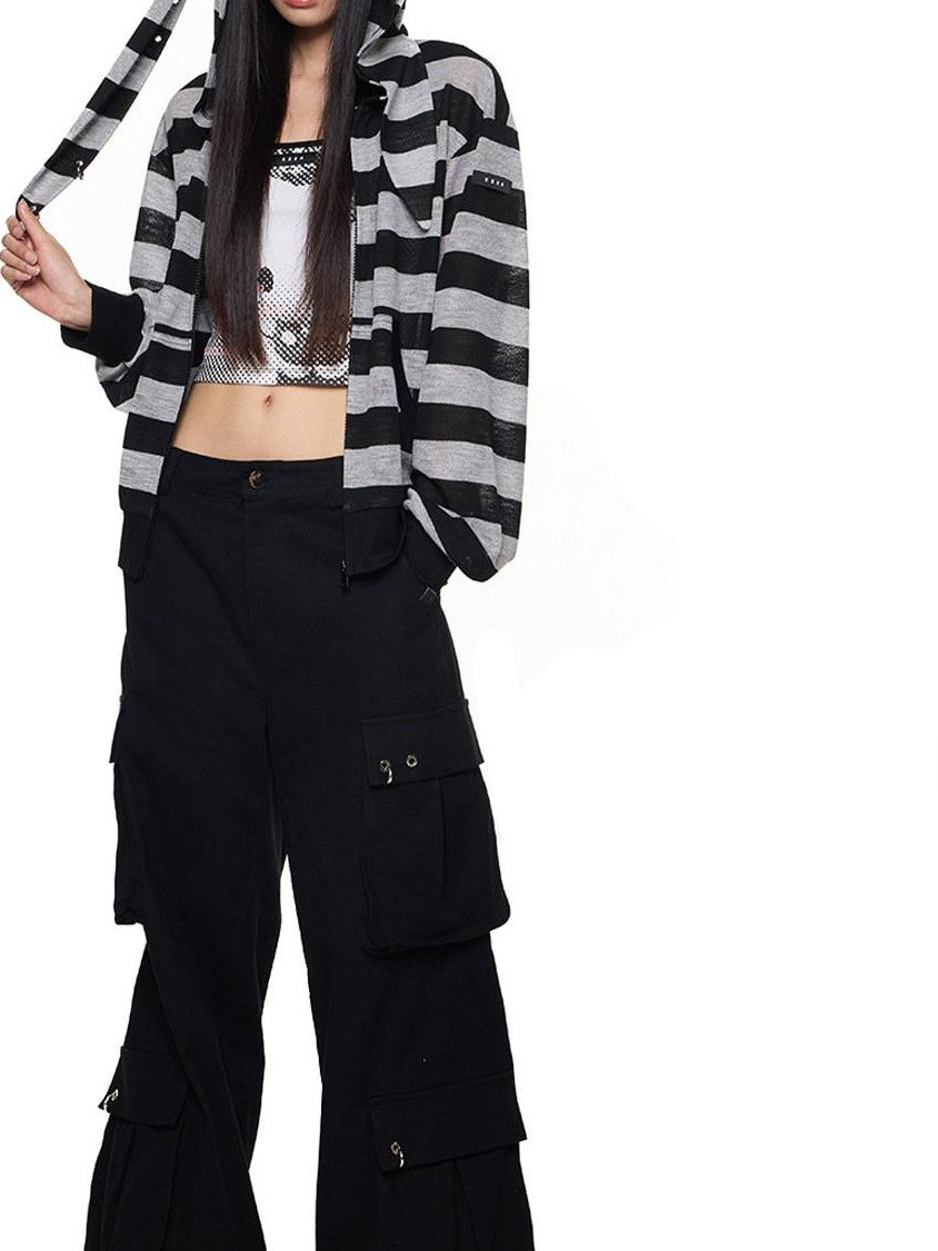 EZEK Striped Rabbit Ear Hood Removable Sleeves Women's Long Sleeve T-shirts