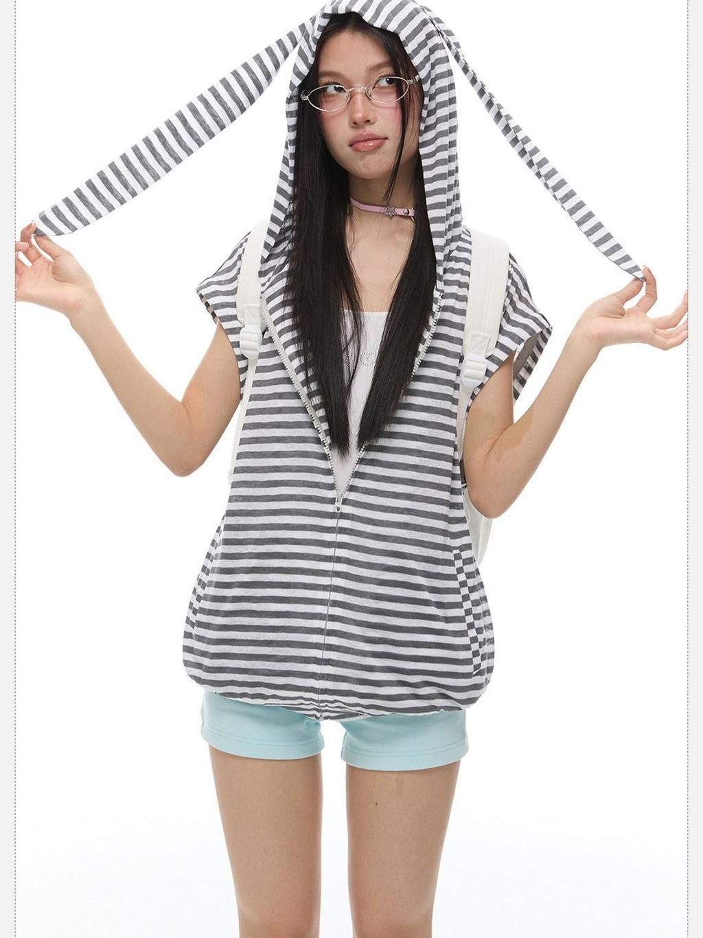 EZEK Striped Rabbit Ear Hood Removable Sleeves Women's Long Sleeve T-shirts