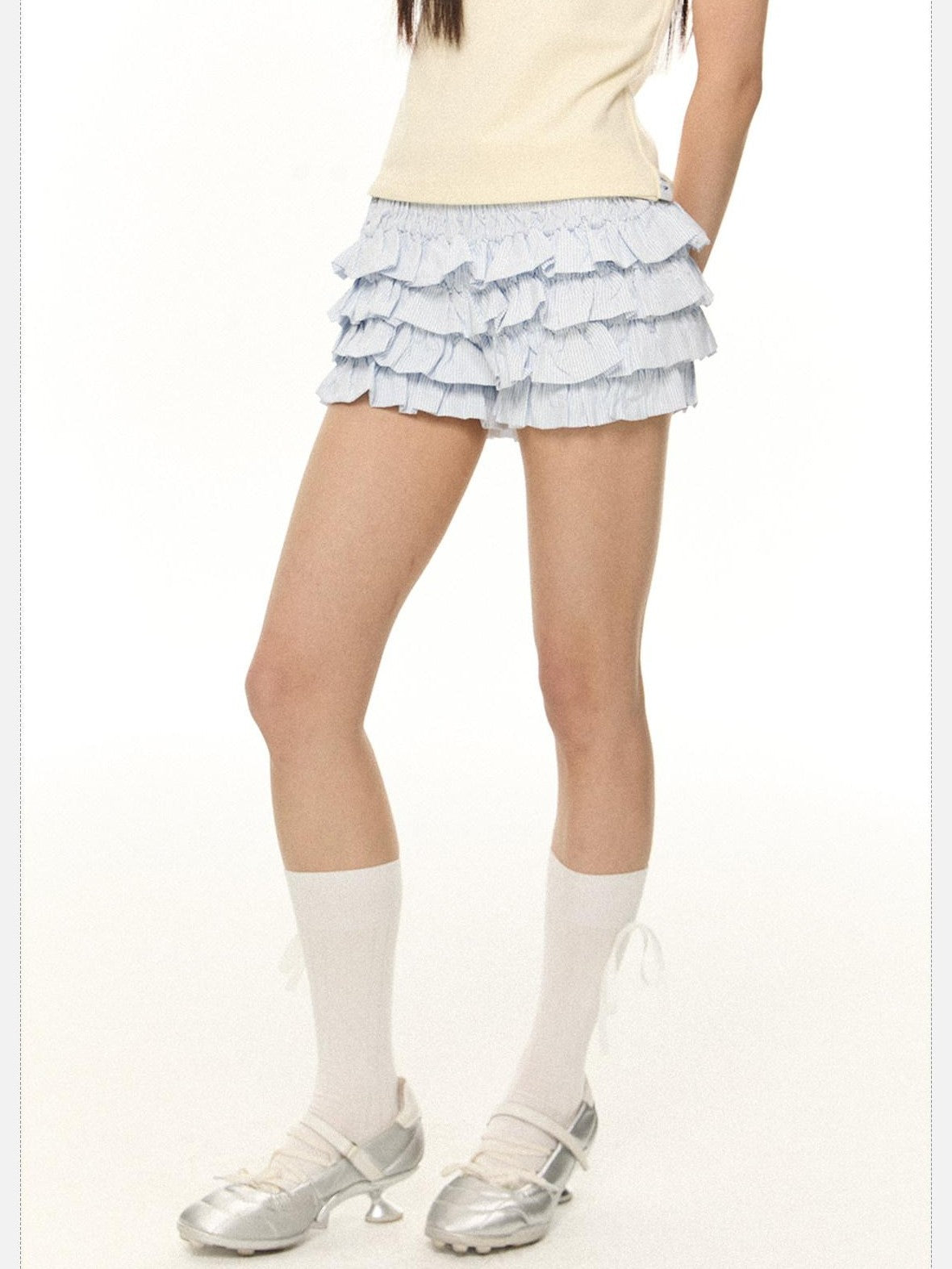 EZEK Striped Ruffled French High Waist A Line Women's Polyester Pocket Tiered Skirts