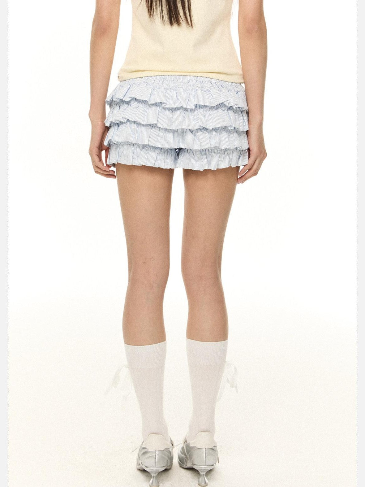 EZEK Striped Ruffled French High Waist A Line Women's Polyester Pocket Tiered Skirts