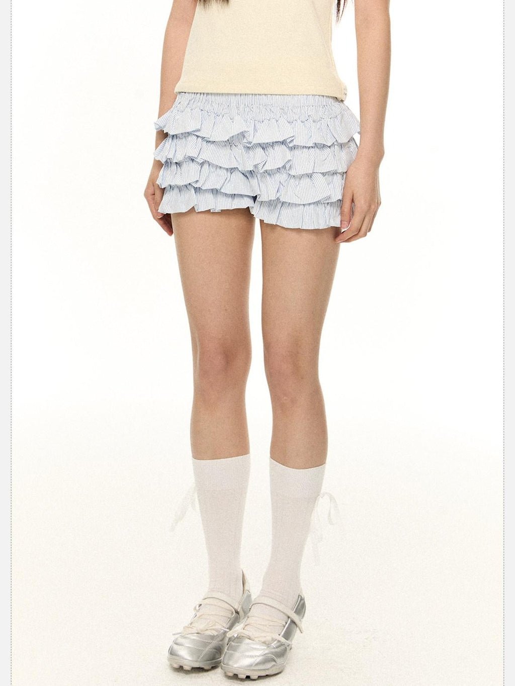 EZEK Striped Ruffled French High Waist A Line Women's Polyester Pocket Tiered Skirts